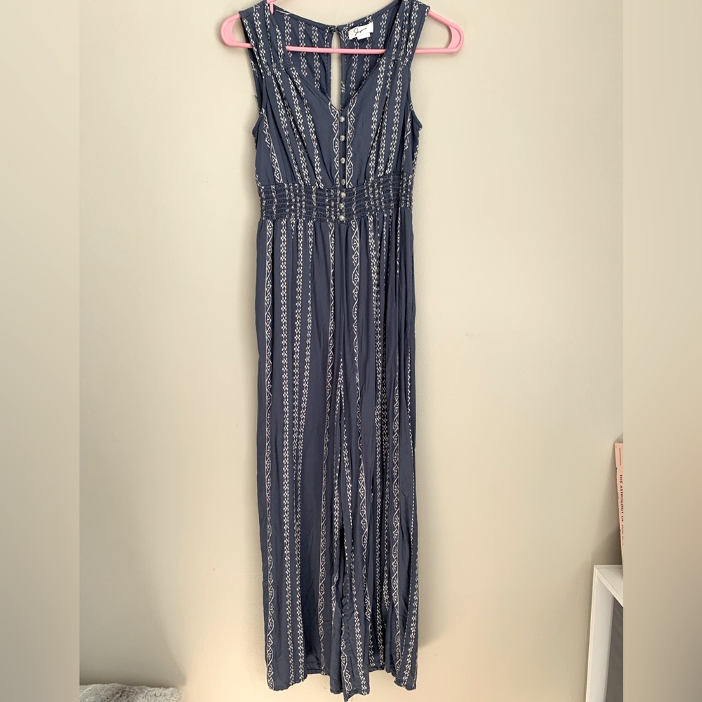 Blue and Beige Printed Pants Romper Jumpsuit